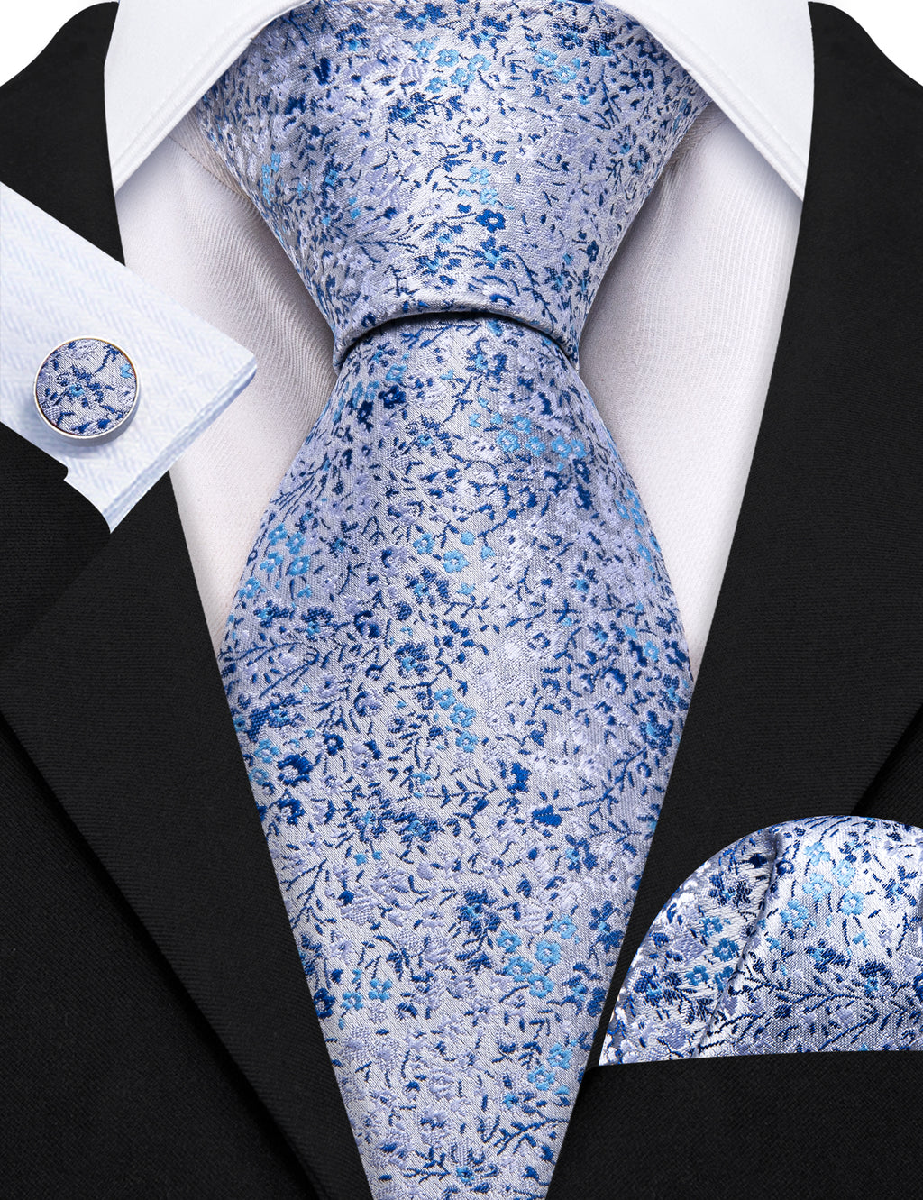 Light Blue Floral Silk Tie, Pocket Square and Cufflinks Set tie sets - Sophisticated Gentlemen