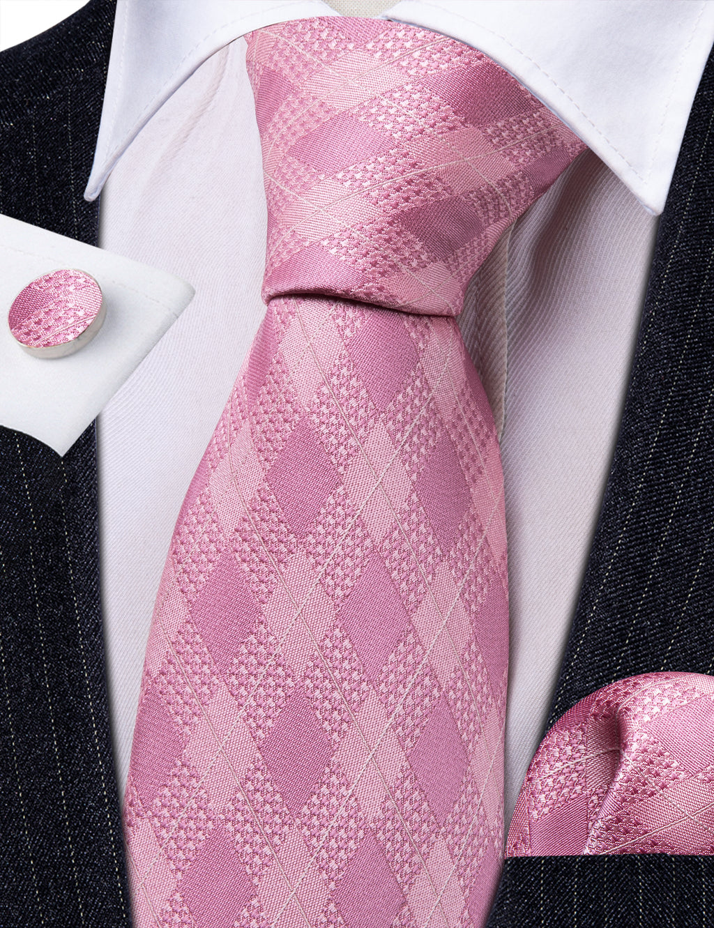 Pink Plaid Silk Tie, Pocket Square and Cufflinks Set tie sets - Sophisticated Gentlemen