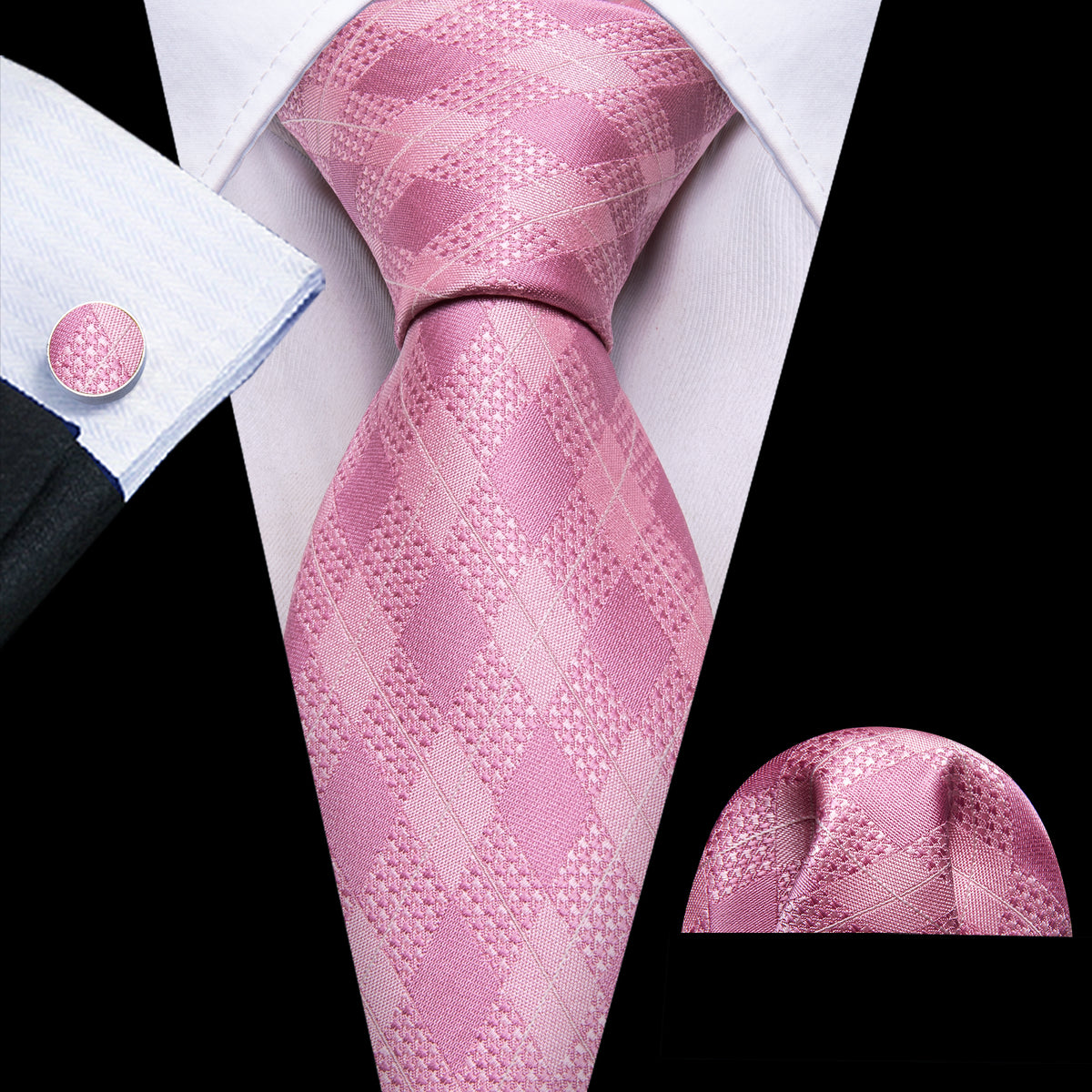 Pink Plaid Silk Tie, Pocket Square and Cufflinks Set tie sets - Sophisticated Gentlemen