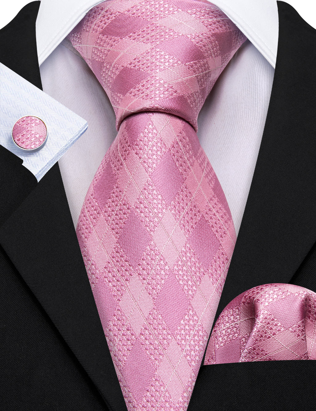 Pink Plaid Silk Tie, Pocket Square and Cufflinks Set tie sets - Sophisticated Gentlemen
