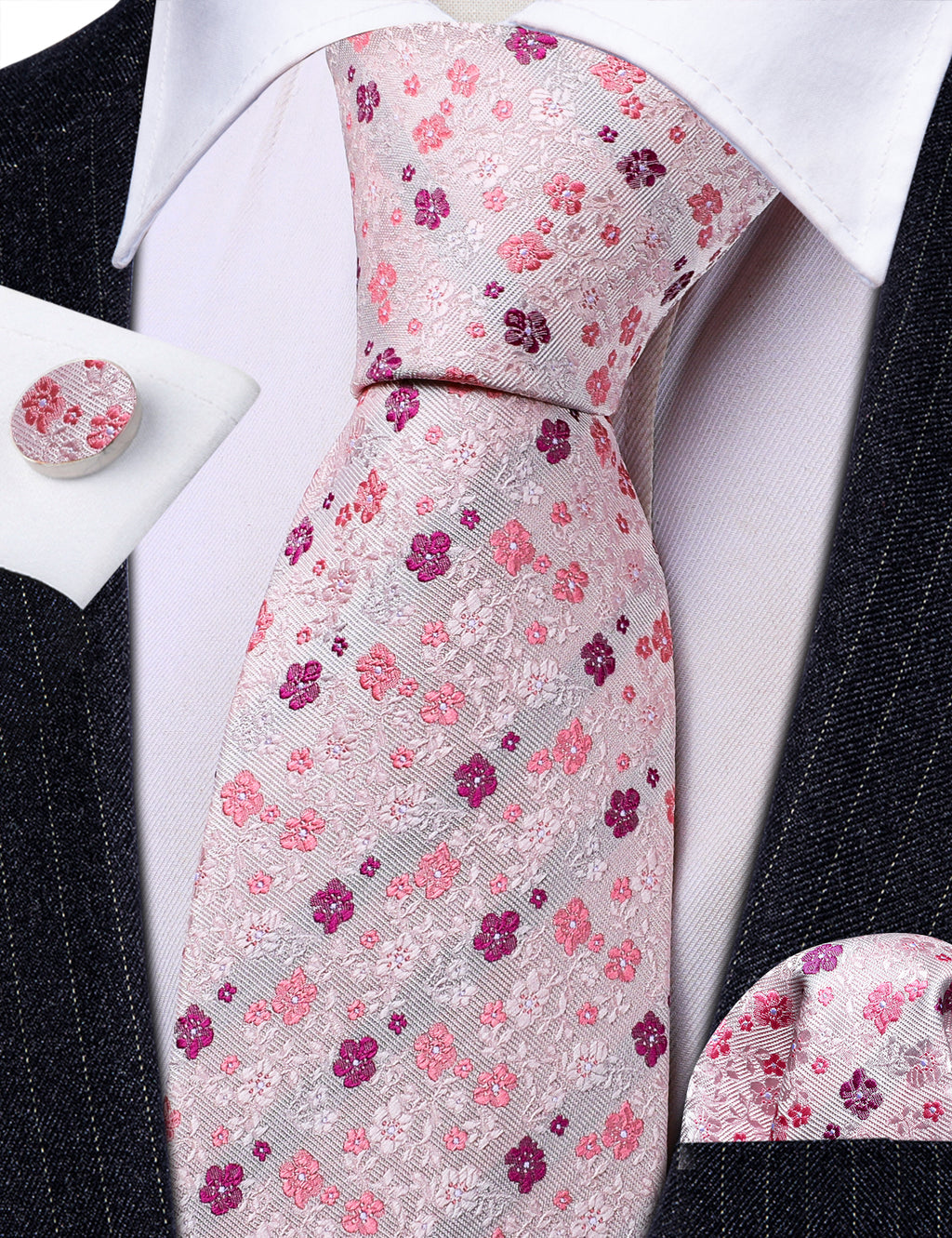 Light Pink Flower Print Silk Tie, Pocket Square and Cufflinks Set tie sets - Sophisticated Gentlemen