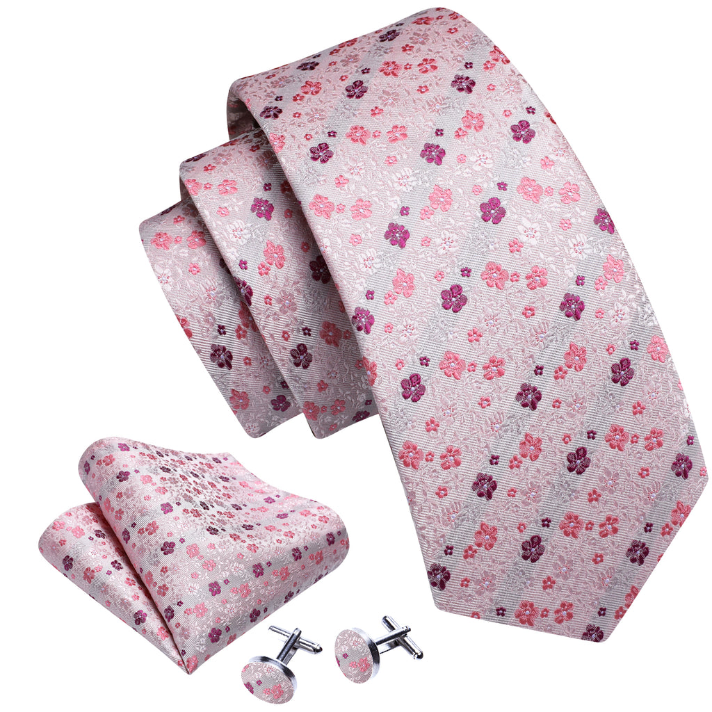 Light Pink Flower Print Silk Tie, Pocket Square and Cufflinks Set tie sets - Sophisticated Gentlemen