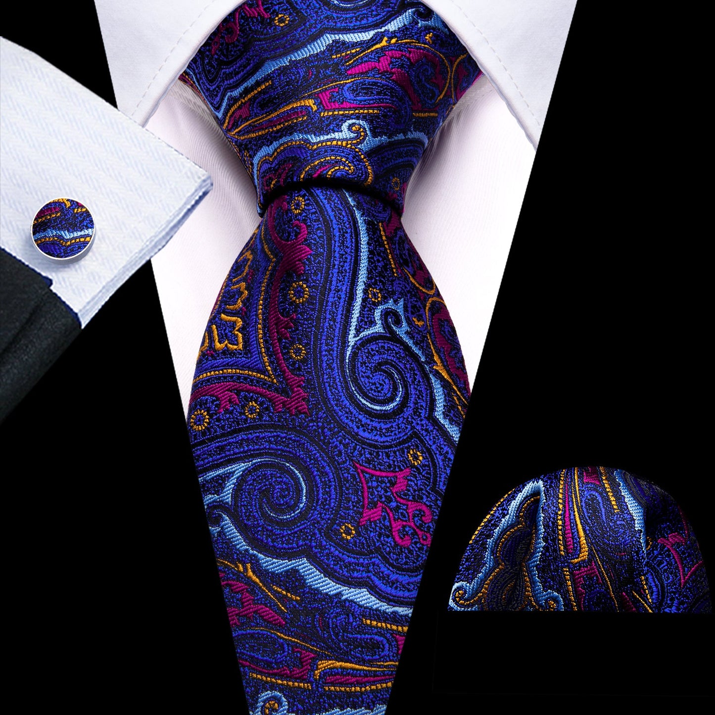 Blue, Orange and Pink Paisley Silk Tie, Pocket Square and Cufflinks tie sets Default Title - Sophisticated Gentlemen