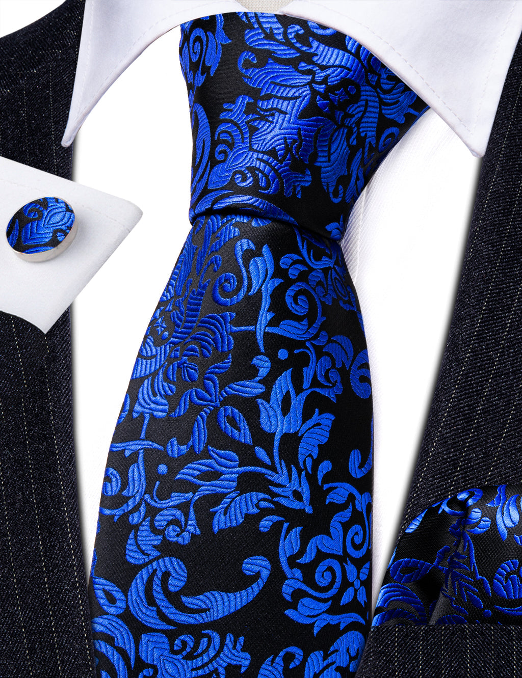 Black Blue Floral Silk Tie, Pocket Square and Cufflinks Set tie sets - Sophisticated Gentlemen