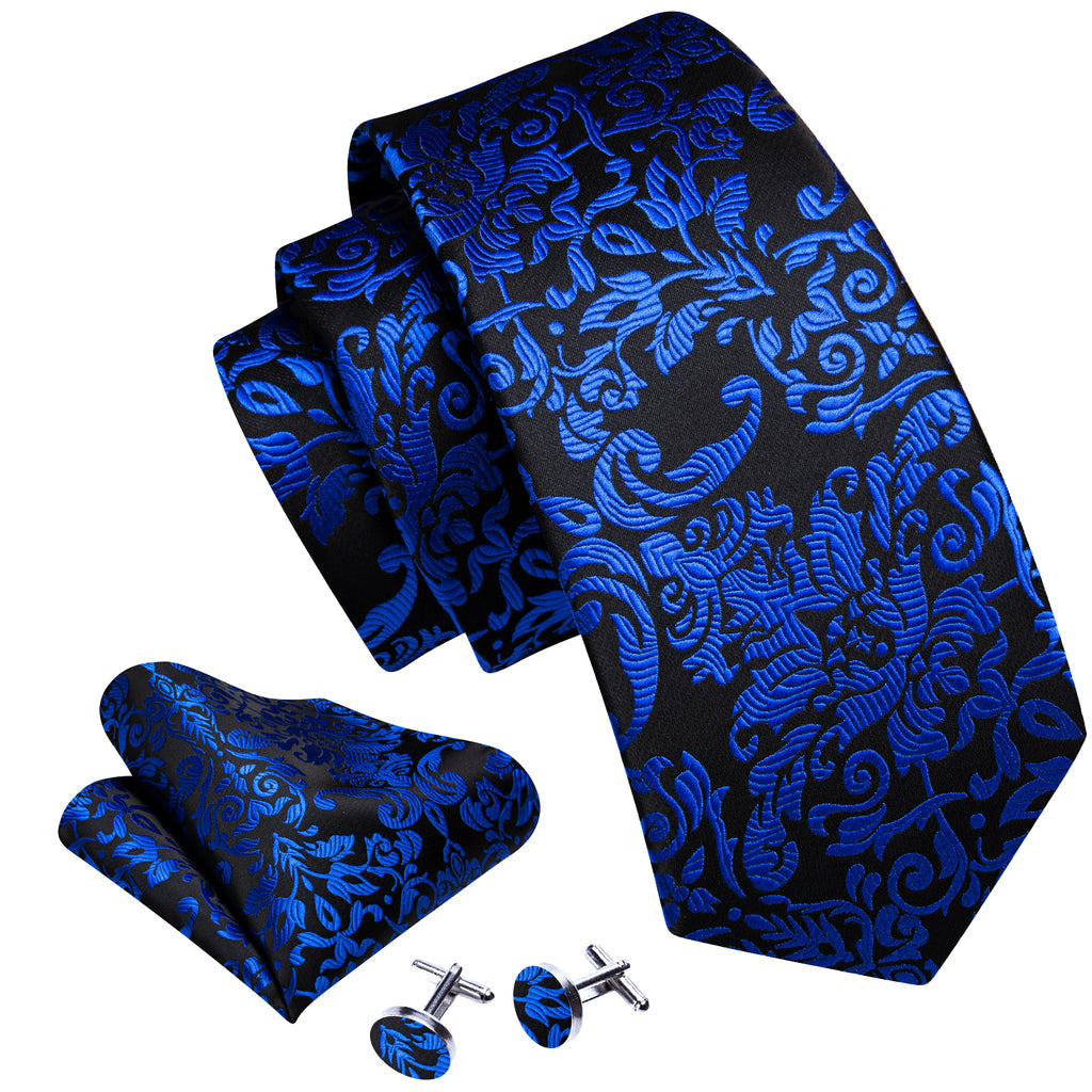 Black Blue Floral Silk Tie, Pocket Square and Cufflinks Set tie sets - Sophisticated Gentlemen