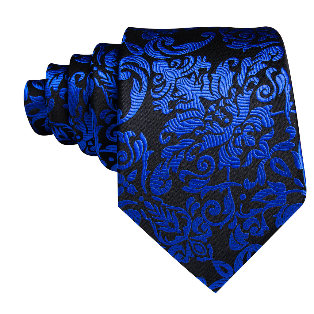 Black Blue Floral Silk Tie, Pocket Square and Cufflinks Set tie sets - Sophisticated Gentlemen
