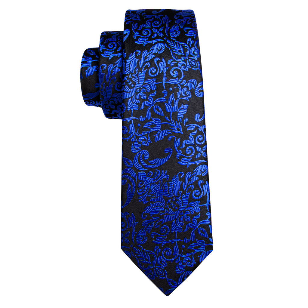 Black Blue Floral Silk Tie, Pocket Square and Cufflinks Set tie sets - Sophisticated Gentlemen