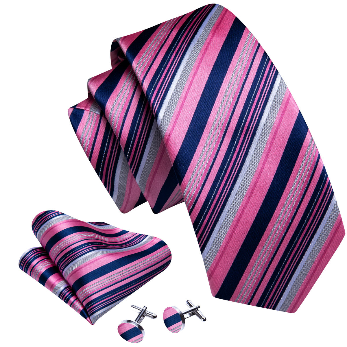 Pink Lilac Blue Striped Silk Tie, Pocket Square and Cufflinks Set tie sets - Sophisticated Gentlemen