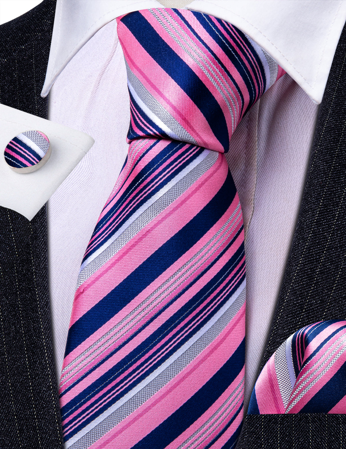 Pink Lilac Blue Striped Silk Tie, Pocket Square and Cufflinks Set tie sets - Sophisticated Gentlemen