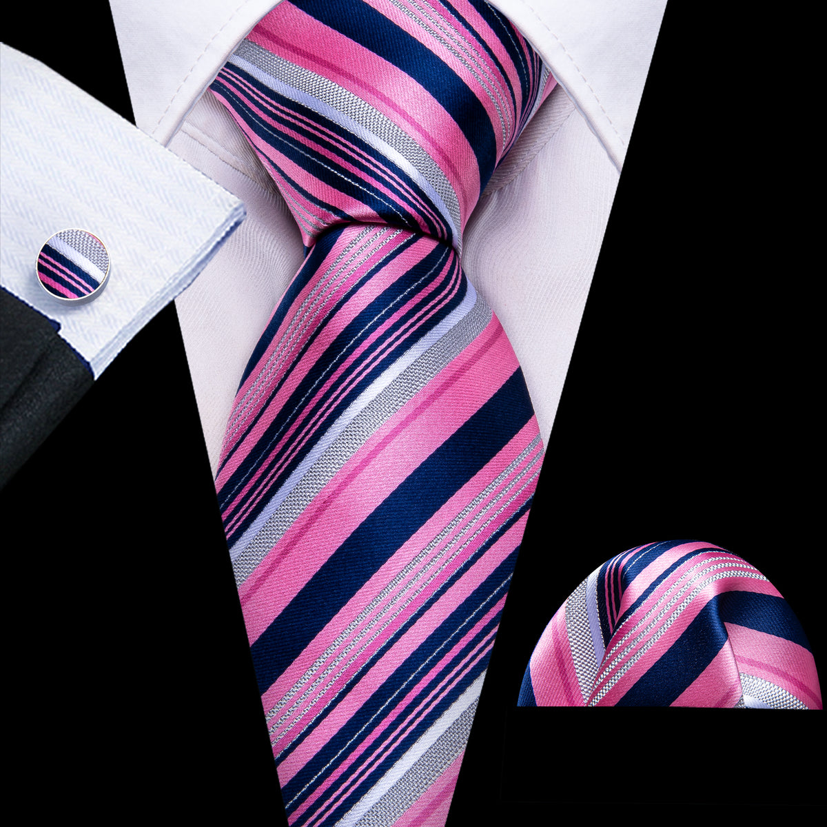 Pink Lilac Blue Striped Silk Tie, Pocket Square and Cufflinks Set tie sets - Sophisticated Gentlemen