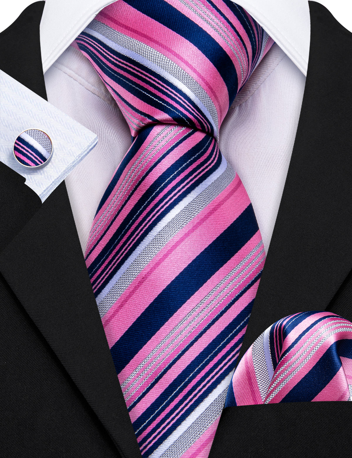 Pink Lilac Blue Striped Silk Tie, Pocket Square and Cufflinks Set tie sets - Sophisticated Gentlemen