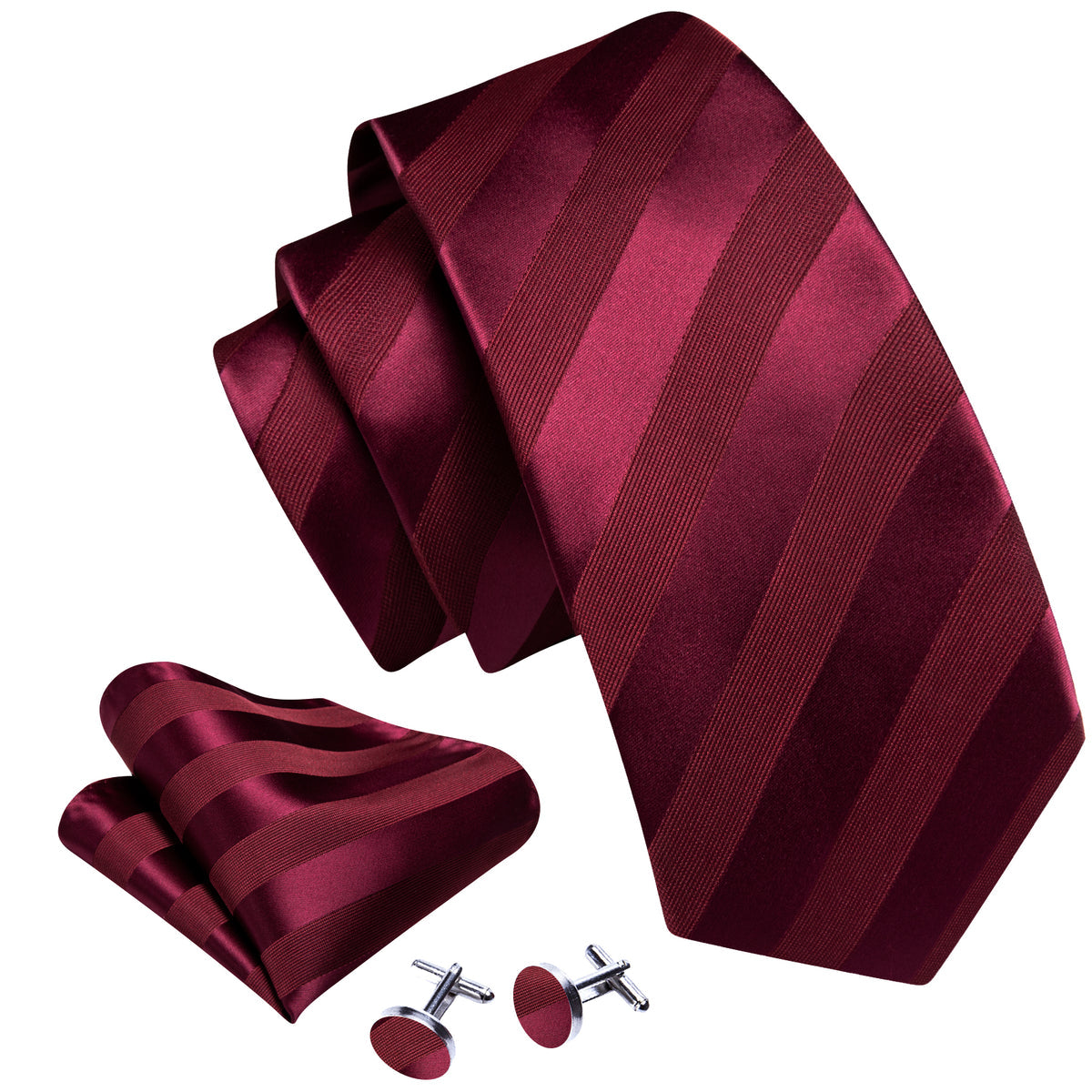 Burgundy Red Striped Tie, Pocket Square and Cufflinks Set tie sets - Sophisticated Gentlemen