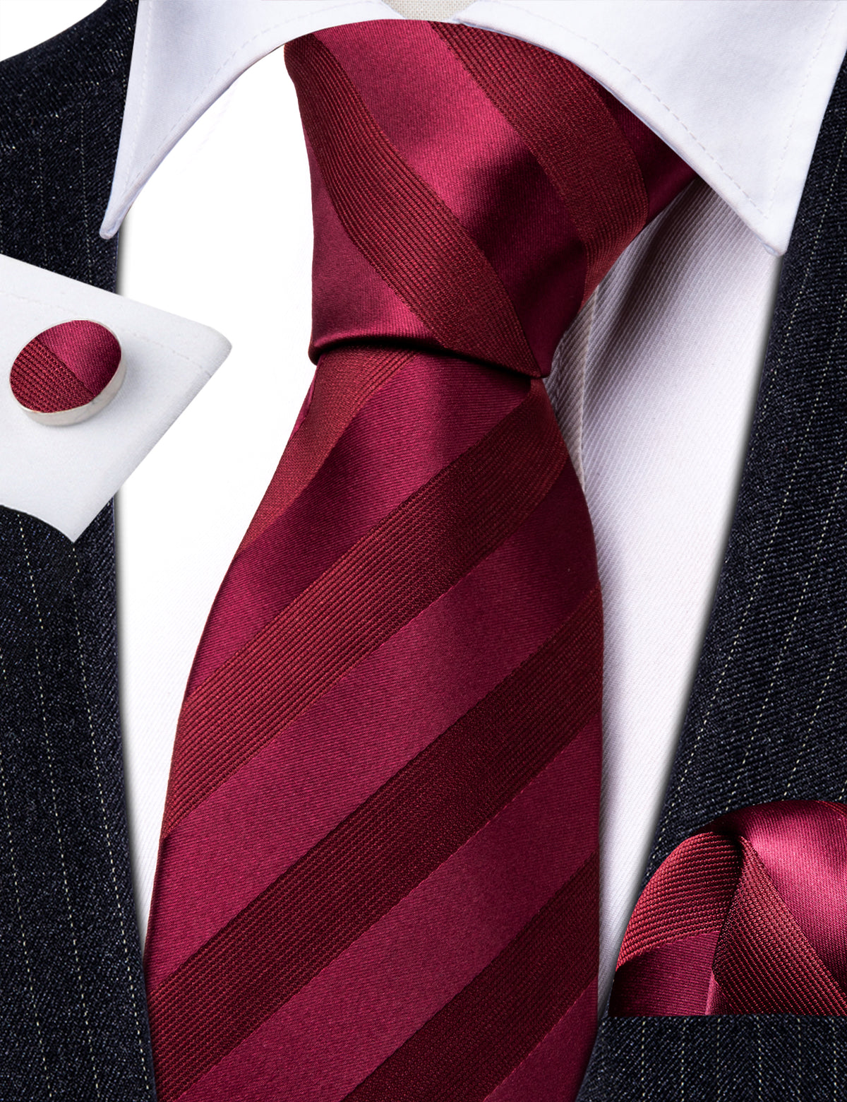 Burgundy Red Striped Tie, Pocket Square and Cufflinks Set tie sets - Sophisticated Gentlemen