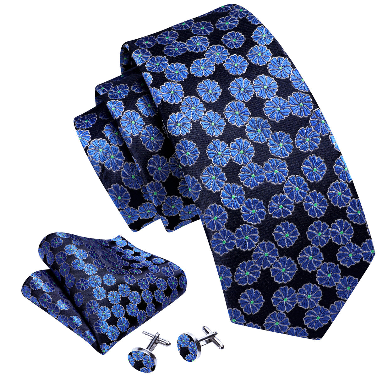 Blue Flower Floral Silk Tie, Pocket Square and Cufflinks Set tie sets - Sophisticated Gentlemen