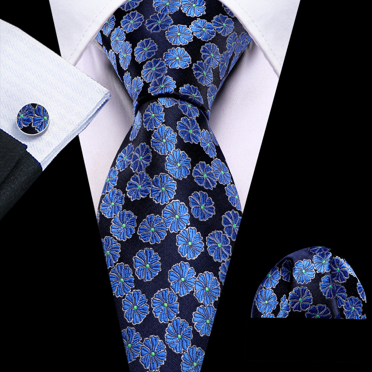 Blue Flower Floral Silk Tie, Pocket Square and Cufflinks Set tie sets - Sophisticated Gentlemen