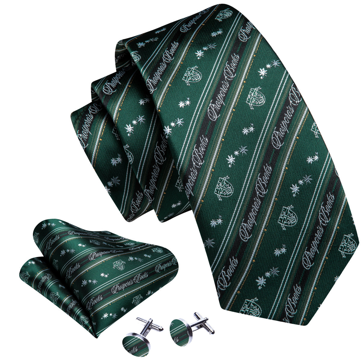Dark Green Floral Striped Silk Tie, Pocket Square and Cufflinks Set tie sets - Sophisticated Gentlemen