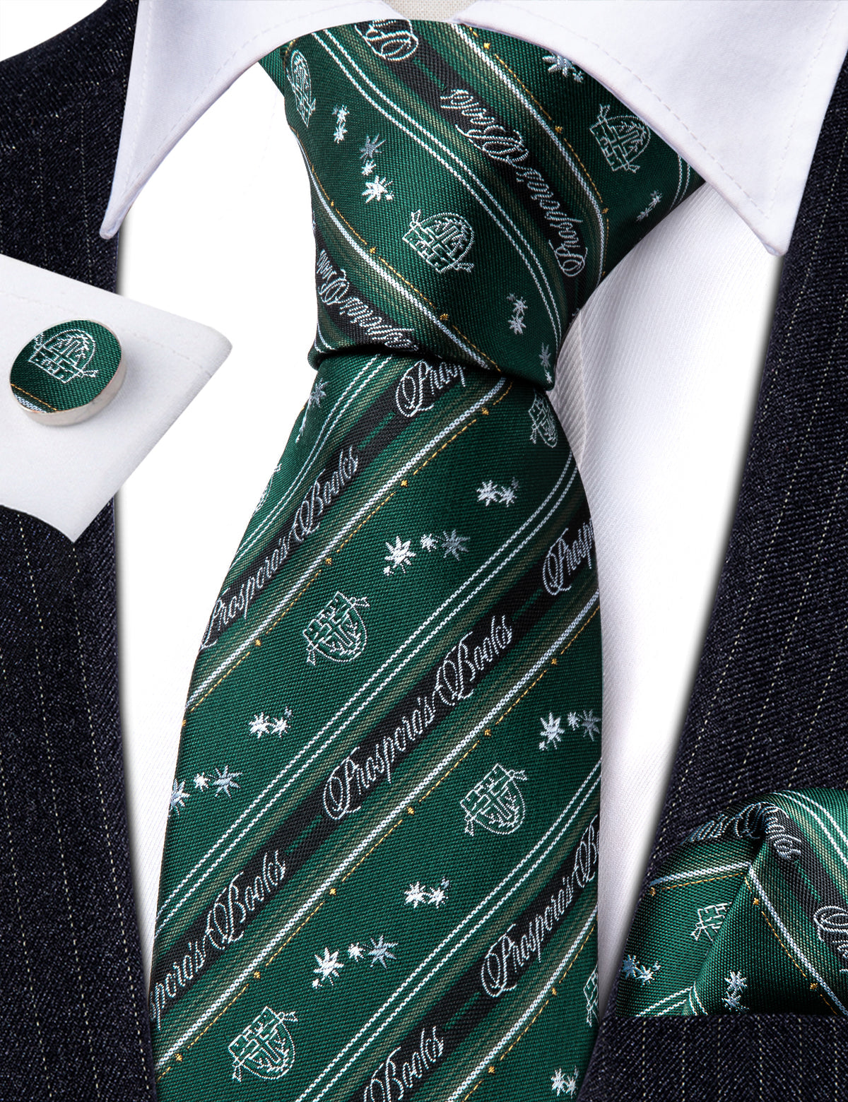 Dark Green Floral Striped Silk Tie, Pocket Square and Cufflinks Set tie sets - Sophisticated Gentlemen