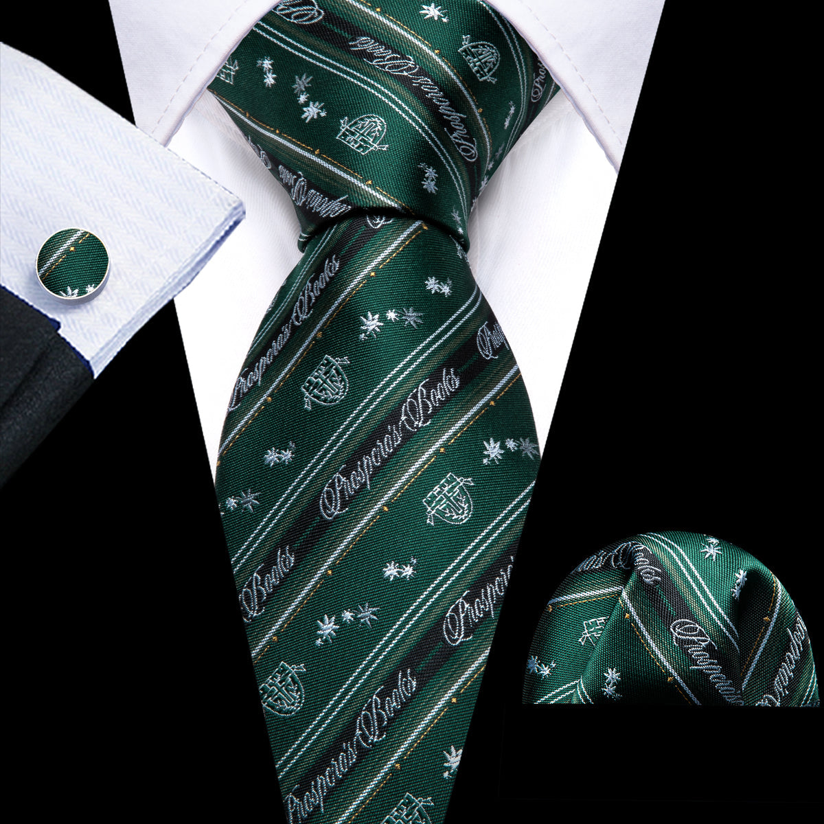 Dark Green Floral Striped Silk Tie, Pocket Square and Cufflinks Set tie sets - Sophisticated Gentlemen