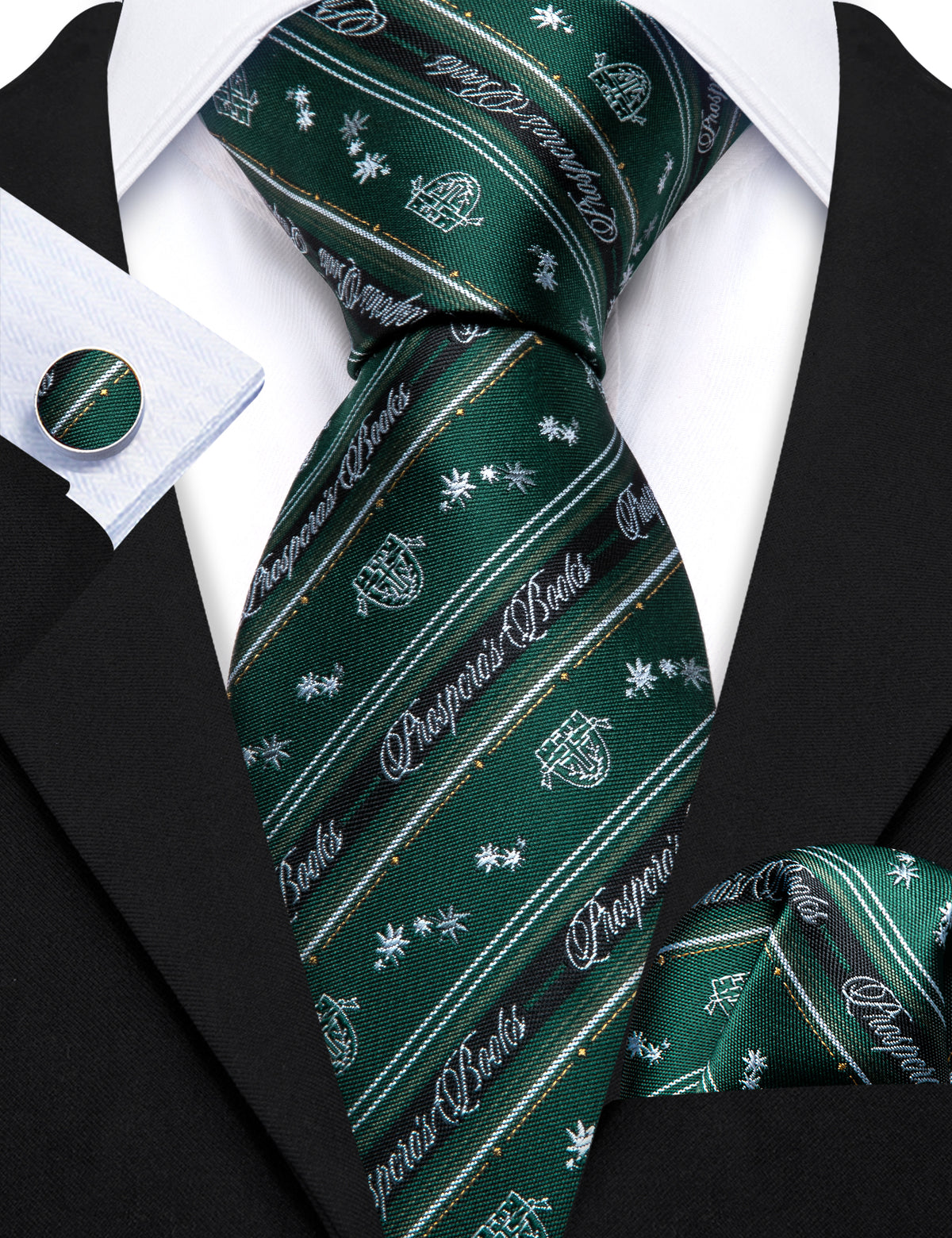 Dark Green Floral Striped Silk Tie, Pocket Square and Cufflinks Set tie sets - Sophisticated Gentlemen