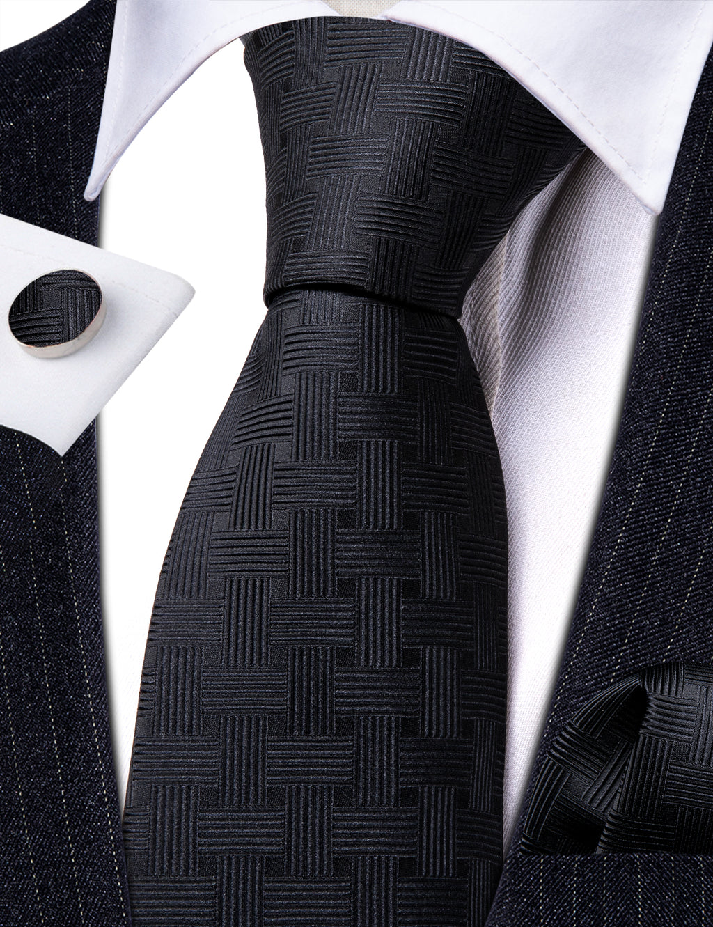Black Striped Silk Tie, Pocket Square and Cufflinks Set tie sets - Sophisticated Gentlemen