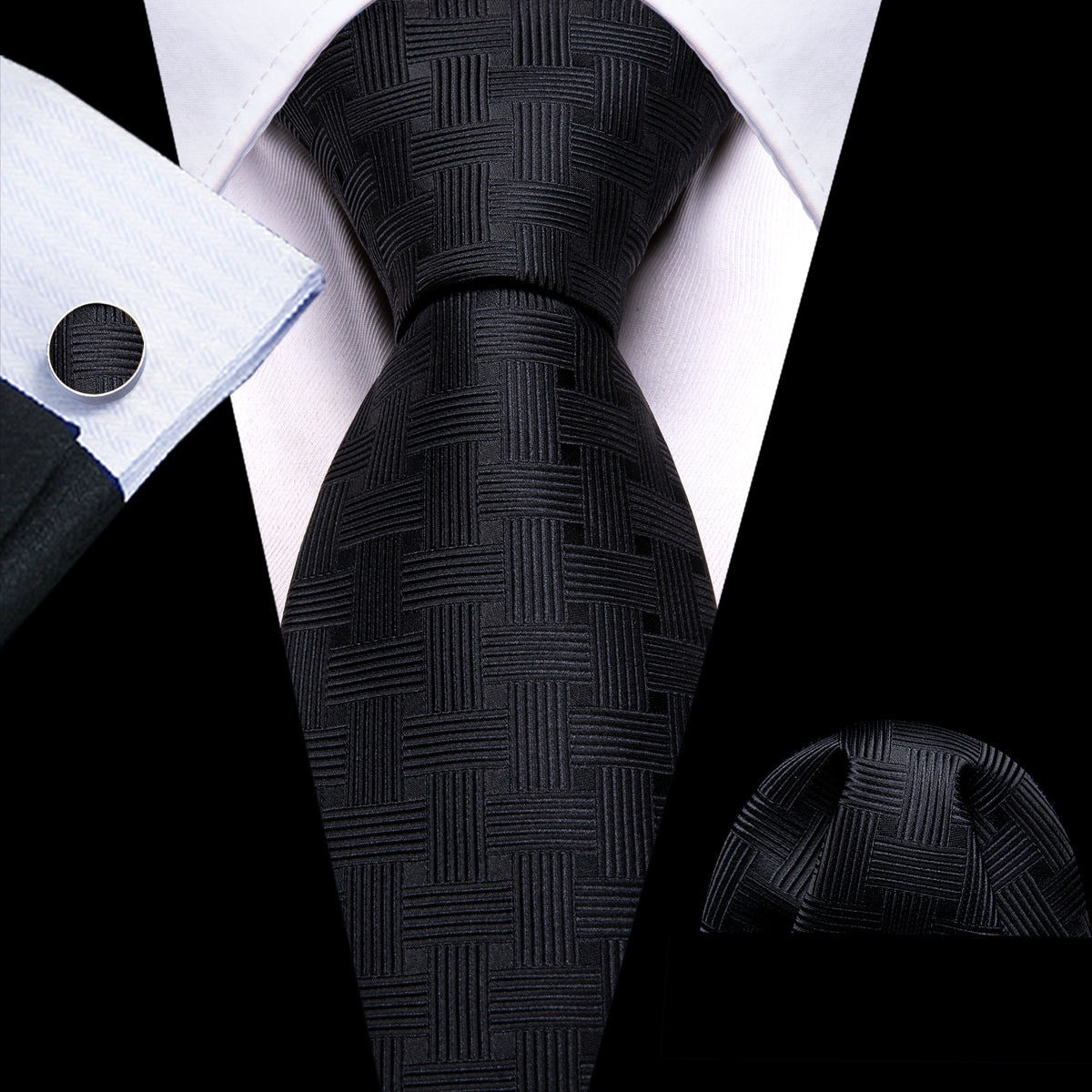 Black Striped Silk Tie, Pocket Square and Cufflinks Set tie sets - Sophisticated Gentlemen