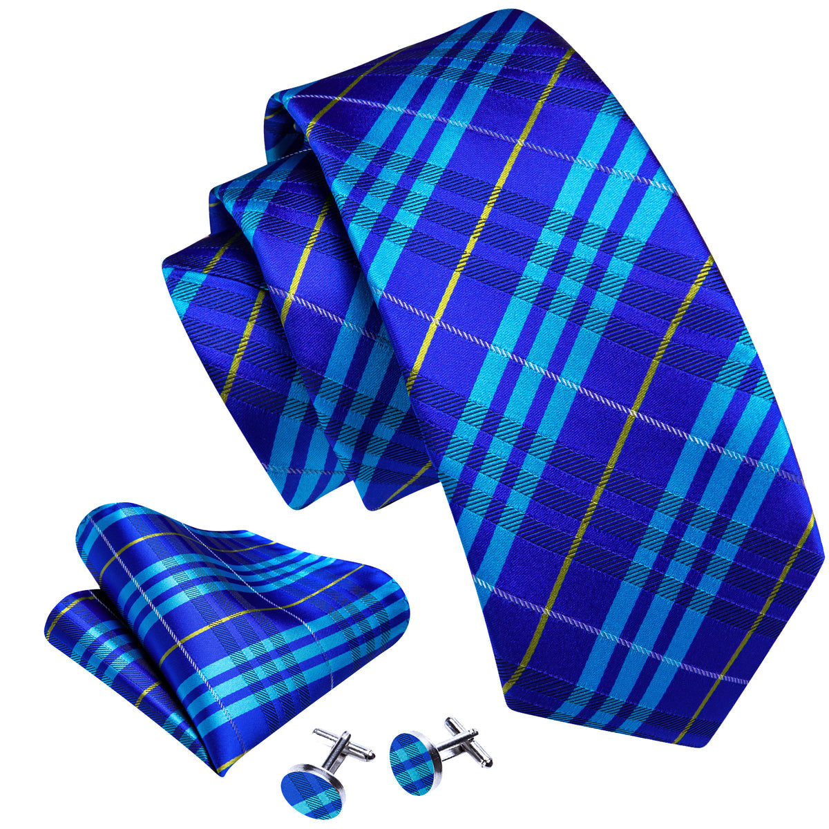 Bright Blue Striped Silk Tie, Pocket Square and Cufflinks Set tie sets - Sophisticated Gentlemen