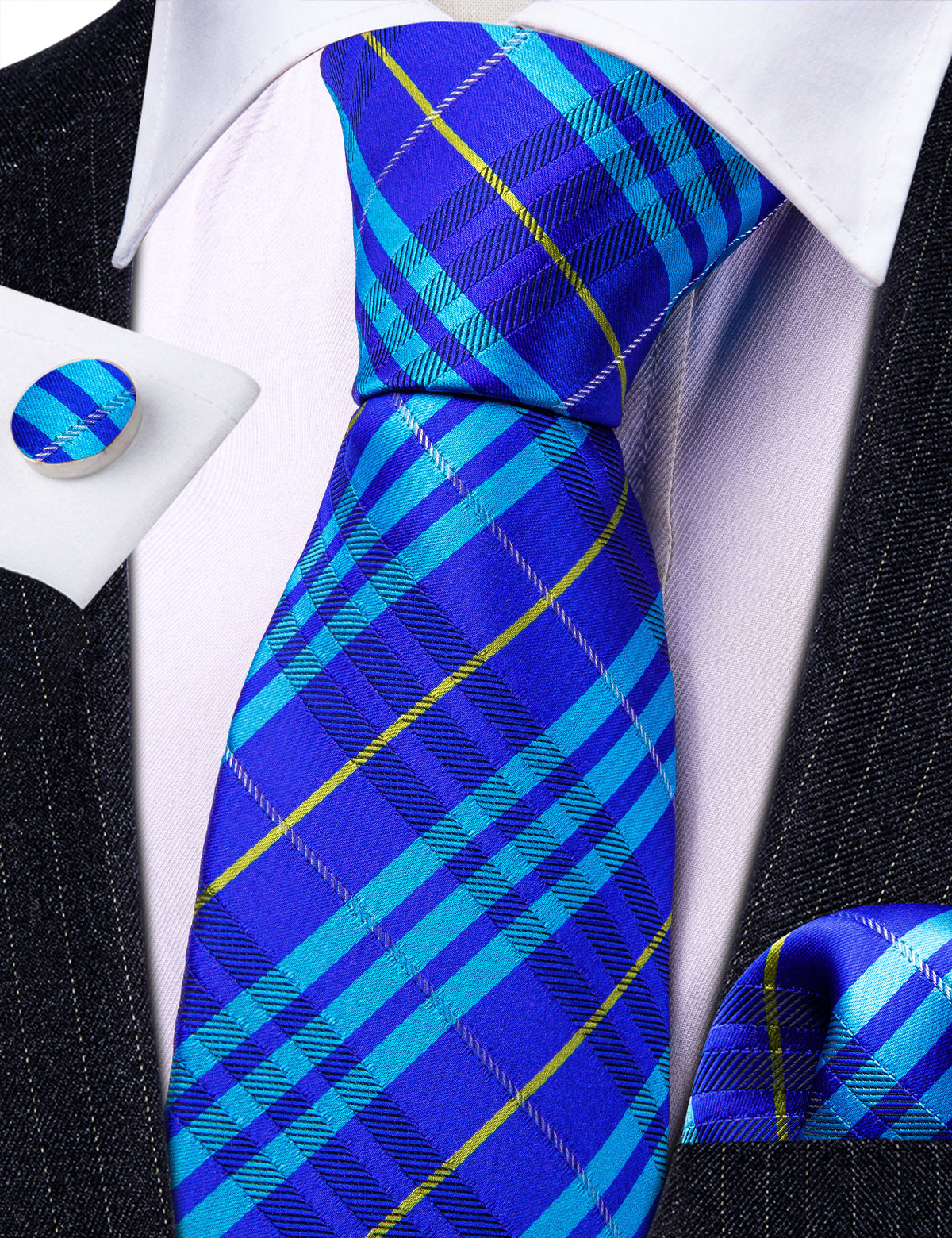 Bright Blue Striped Silk Tie, Pocket Square and Cufflinks Set tie sets - Sophisticated Gentlemen
