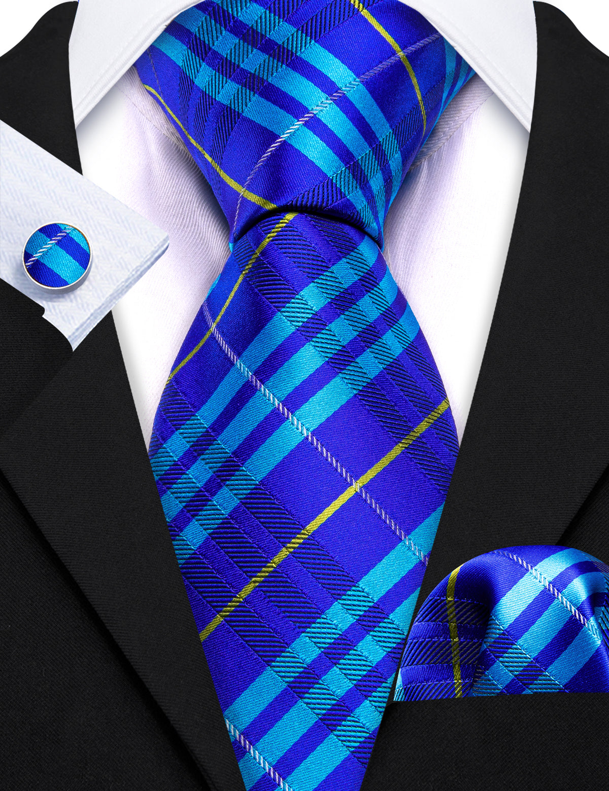 Bright Blue Striped Silk Tie, Pocket Square and Cufflinks Set tie sets - Sophisticated Gentlemen