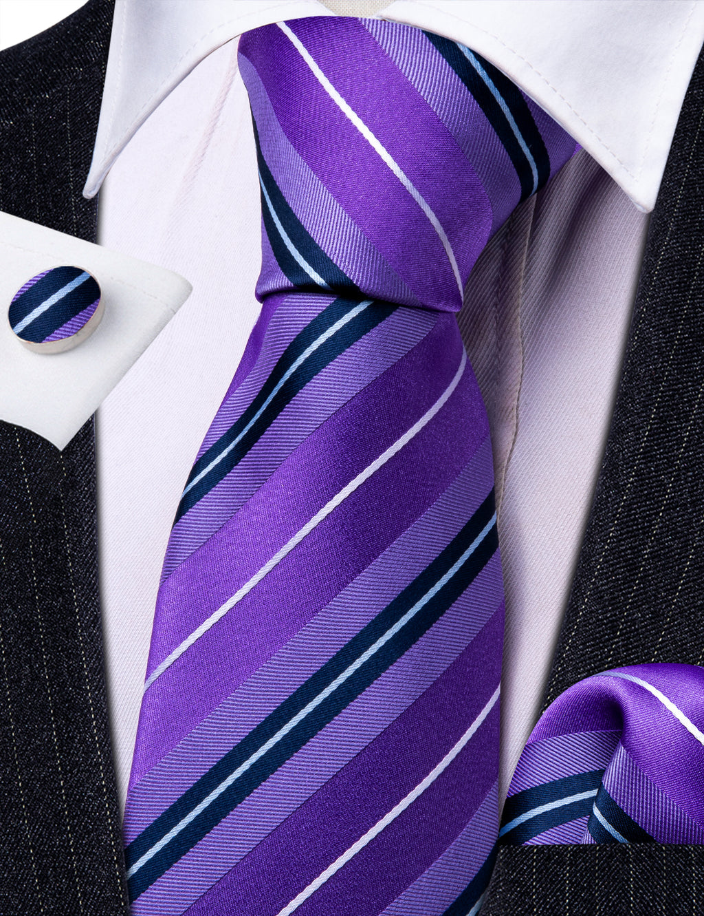 Purple White Striped Silk Tie, Pocket Square and Cufflinks Set tie sets - Sophisticated Gentlemen