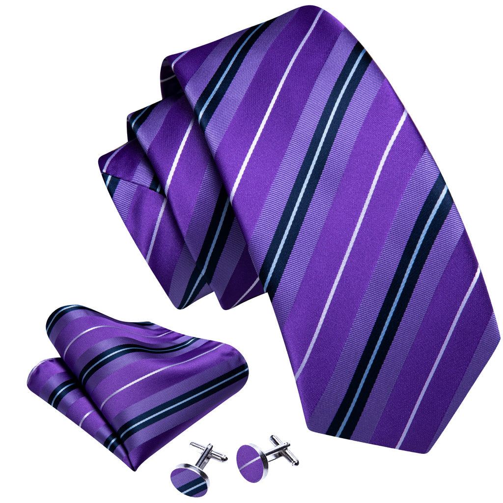 Purple White Striped Silk Tie, Pocket Square and Cufflinks Set tie sets - Sophisticated Gentlemen