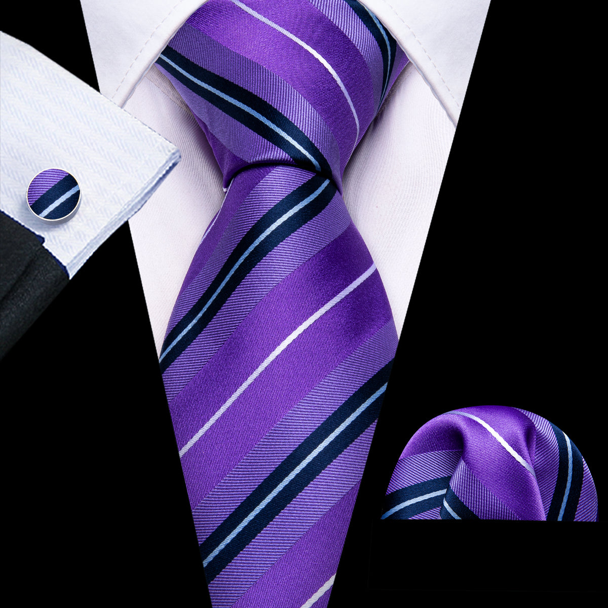 Purple White Striped Silk Tie, Pocket Square and Cufflinks Set tie sets - Sophisticated Gentlemen