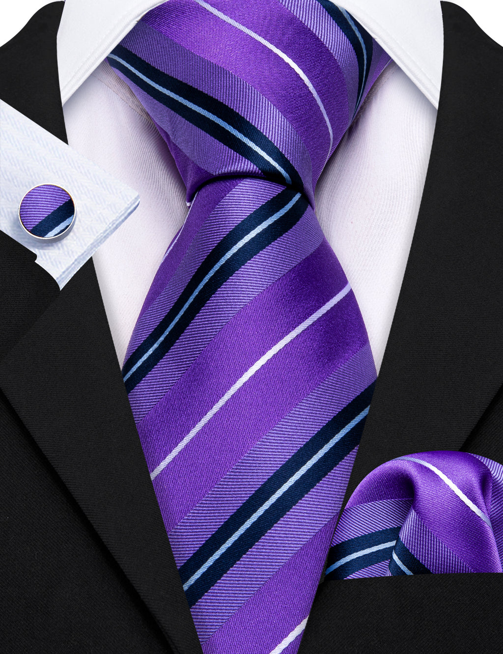 Purple White Striped Silk Tie, Pocket Square and Cufflinks Set tie sets - Sophisticated Gentlemen