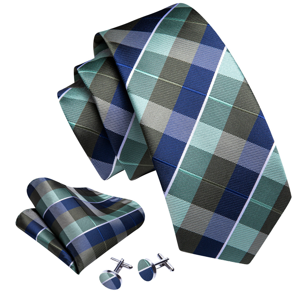 Blue Green Novetly Plaid Tie, Pocket Square and Cufflinks Set tie sets - Sophisticated Gentlemen