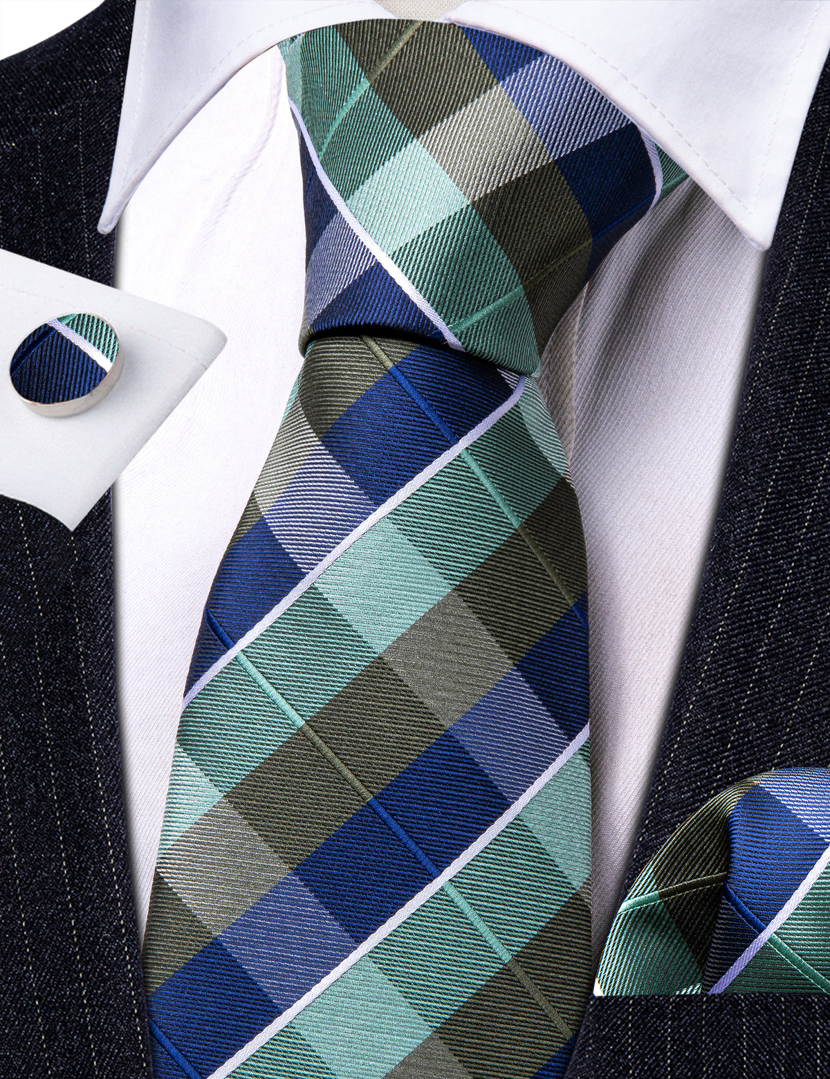 Blue Green Novetly Plaid Tie, Pocket Square and Cufflinks Set tie sets - Sophisticated Gentlemen
