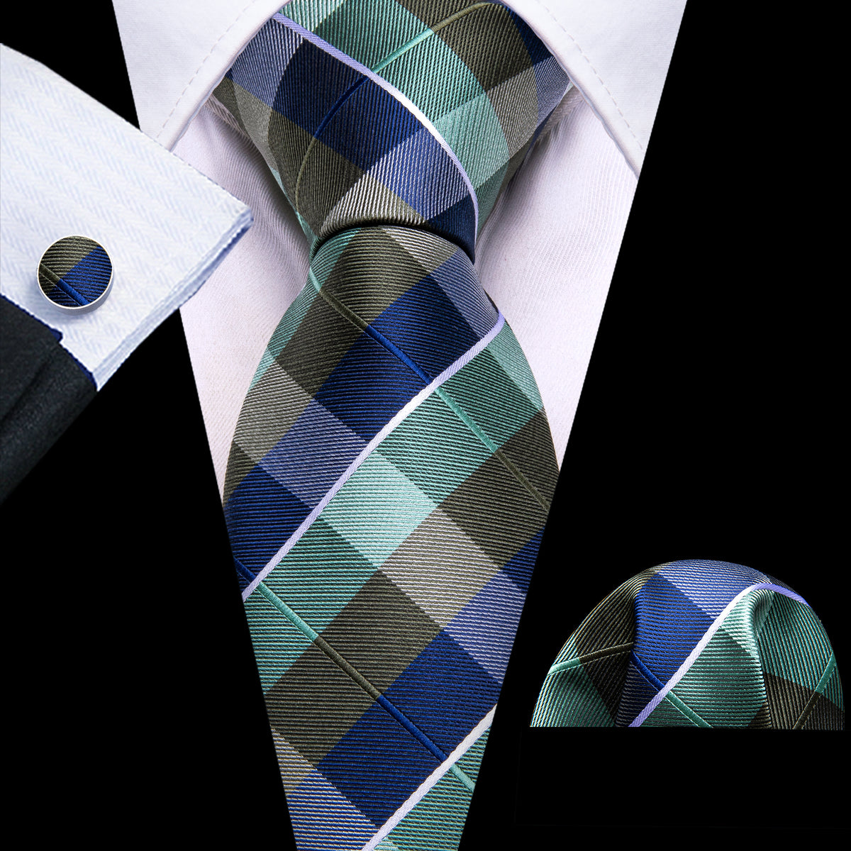 Blue Green Novetly Plaid Tie, Pocket Square and Cufflinks Set tie sets - Sophisticated Gentlemen