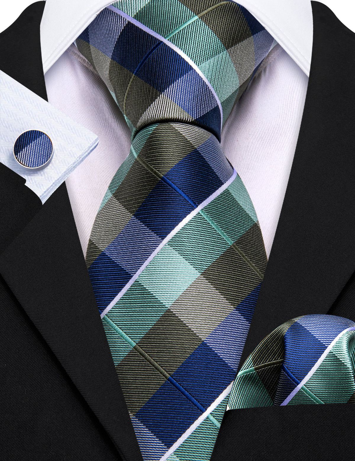 Blue Green Novetly Plaid Tie, Pocket Square and Cufflinks Set tie sets - Sophisticated Gentlemen