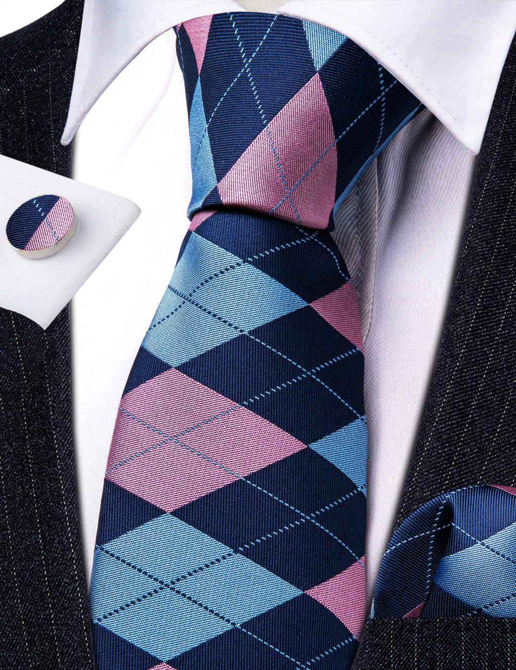 Blue Pink Plaid Tie, Pocket Square and Cufflinks Set tie sets - Sophisticated Gentlemen