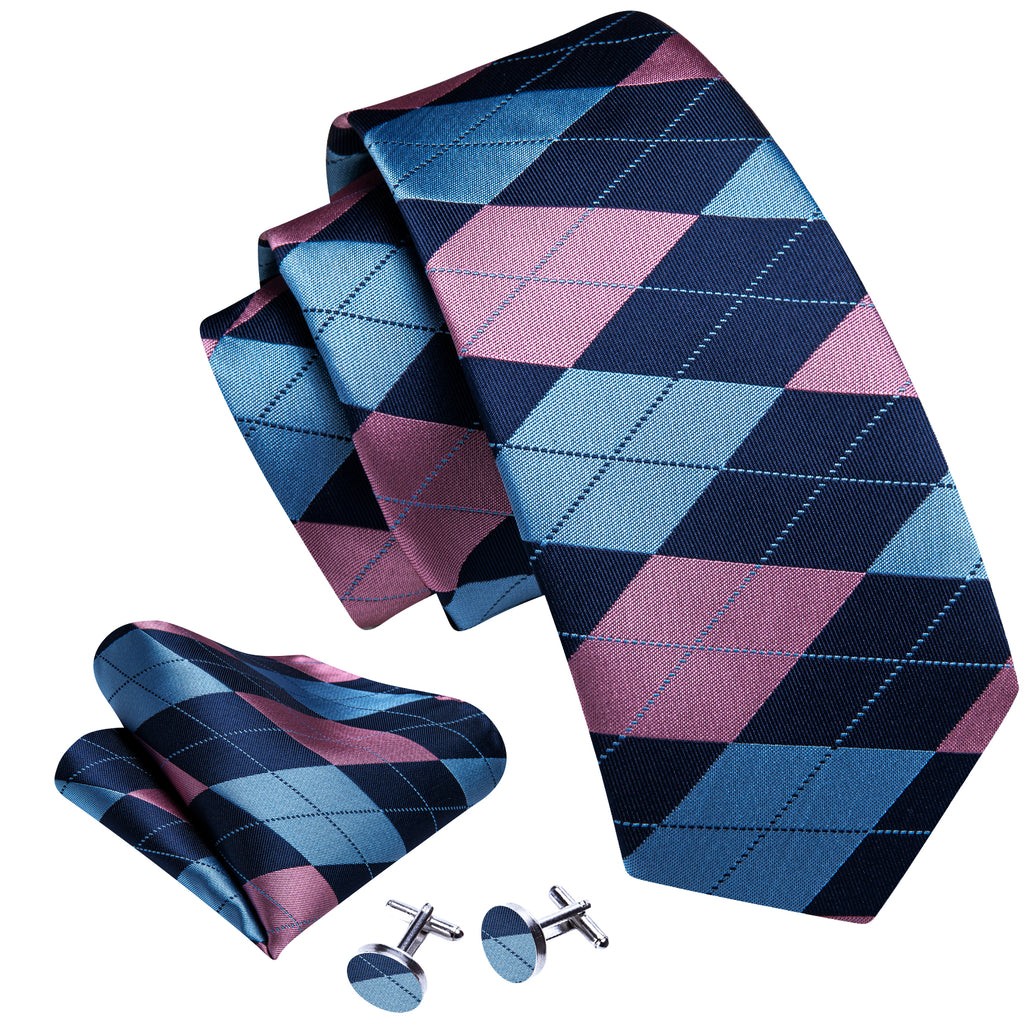 Blue Pink Plaid Tie, Pocket Square and Cufflinks Set tie sets - Sophisticated Gentlemen