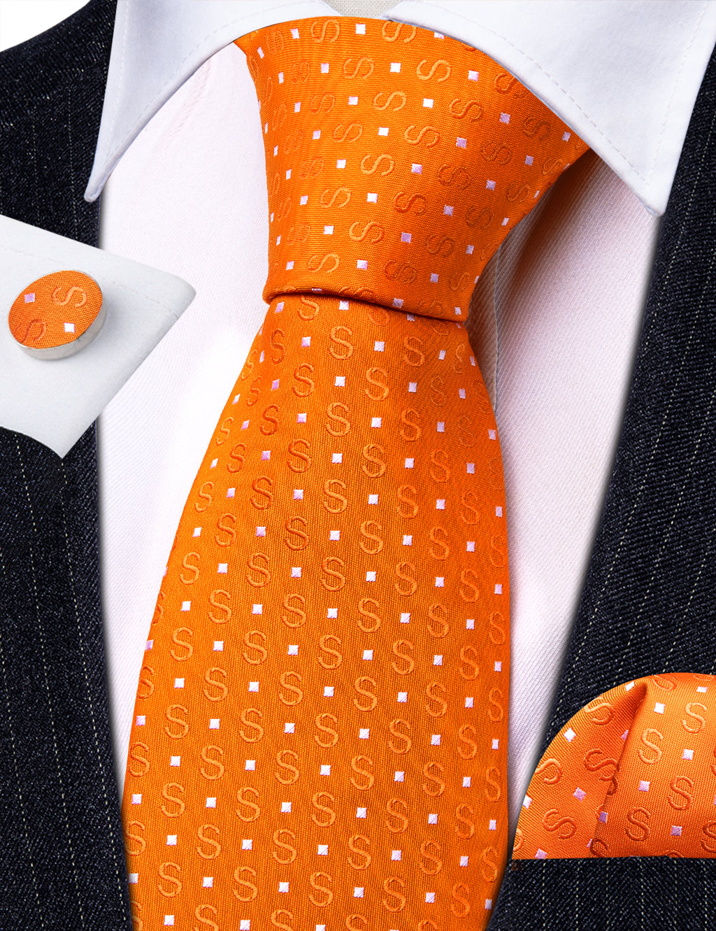 Orange White Floral Silk Tie, Pocket Square and Cufflinks Set tie sets - Sophisticated Gentlemen