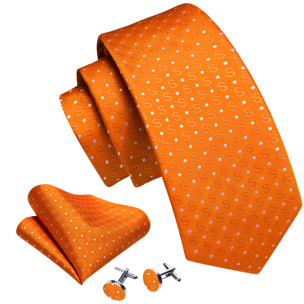 Orange White Floral Silk Tie, Pocket Square and Cufflinks Set tie sets - Sophisticated Gentlemen
