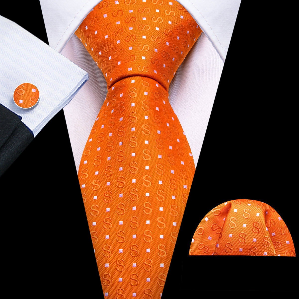 Orange White Floral Silk Tie, Pocket Square and Cufflinks Set tie sets - Sophisticated Gentlemen