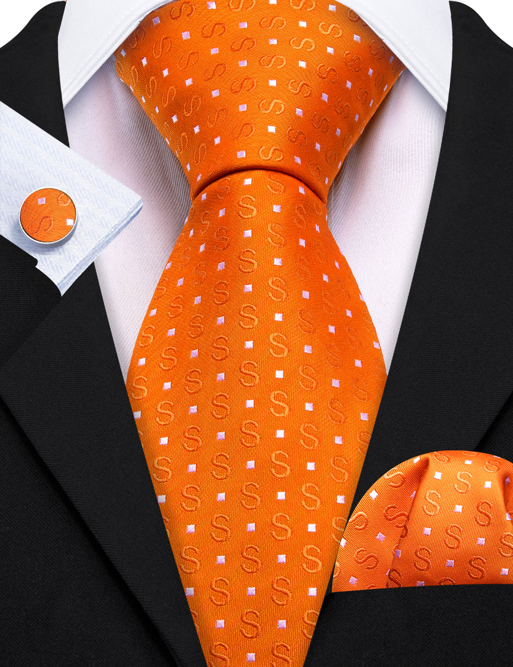 Orange White Floral Silk Tie, Pocket Square and Cufflinks Set tie sets - Sophisticated Gentlemen