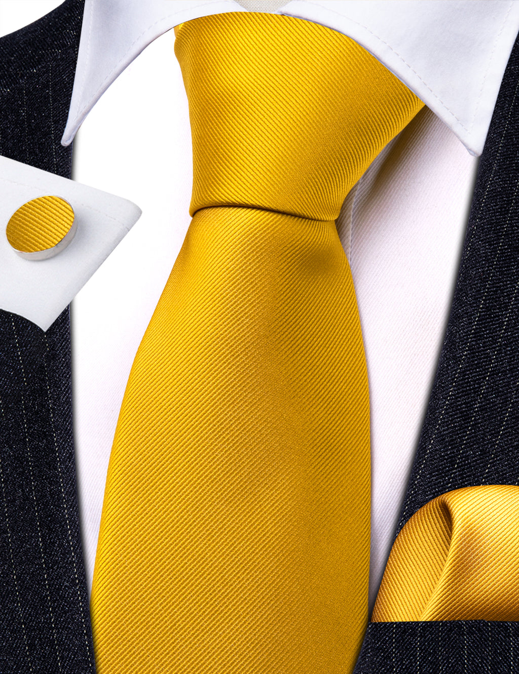 Gold Yellow Solid Silk Tie, Pocket Square and Cufflinks Set tie sets - Sophisticated Gentlemen