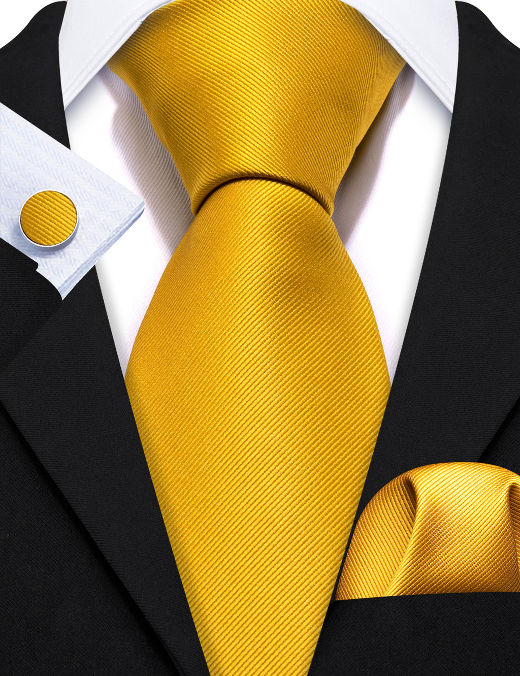 Gold Yellow Solid Silk Tie, Pocket Square and Cufflinks Set tie sets - Sophisticated Gentlemen