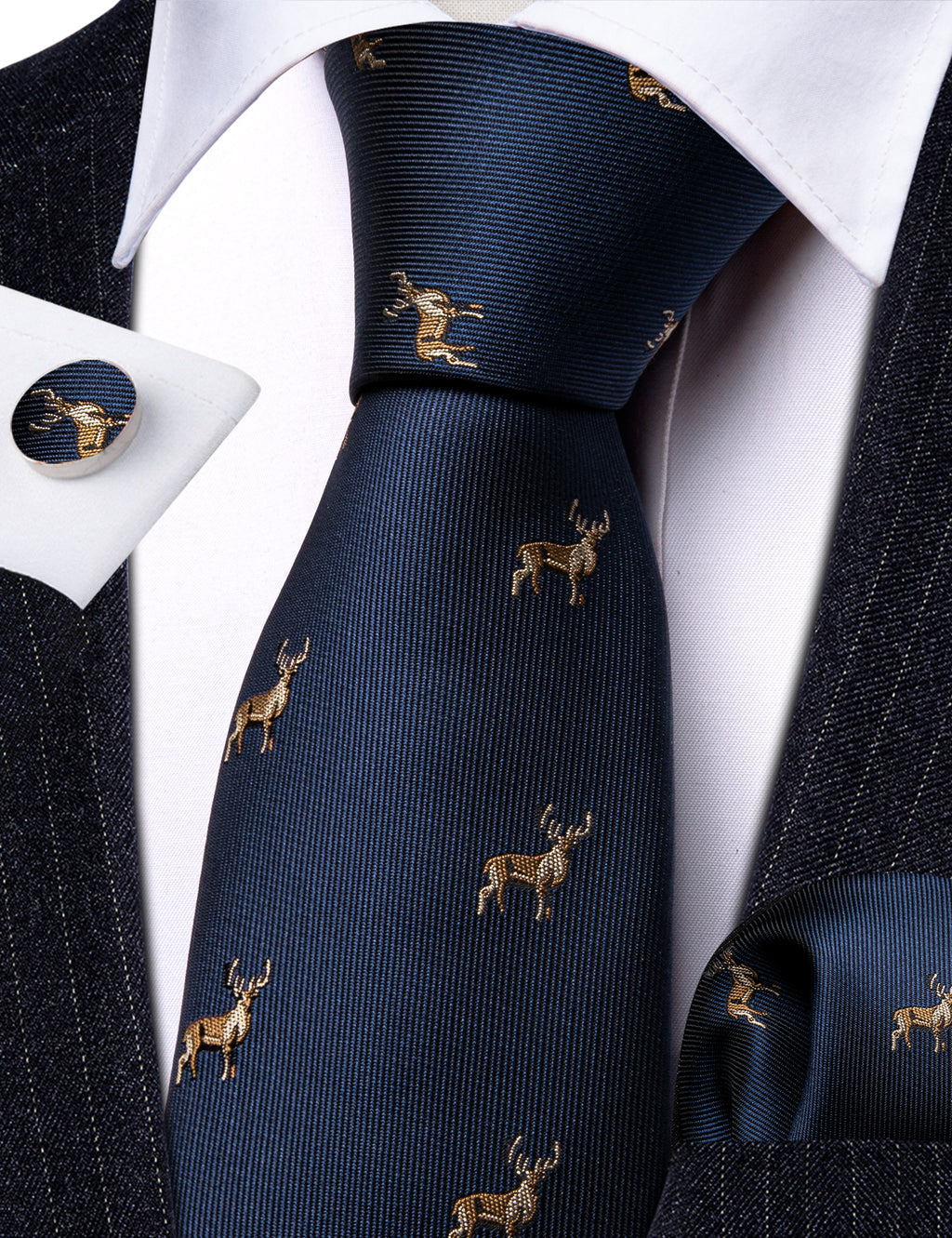 Deep Blue Deer Floral Silk Tie, Pocket Square and Cufflinks Set tie sets - Sophisticated Gentlemen