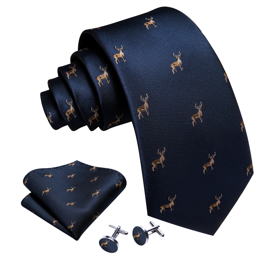 Deep Blue Deer Floral Silk Tie, Pocket Square and Cufflinks Set tie sets - Sophisticated Gentlemen