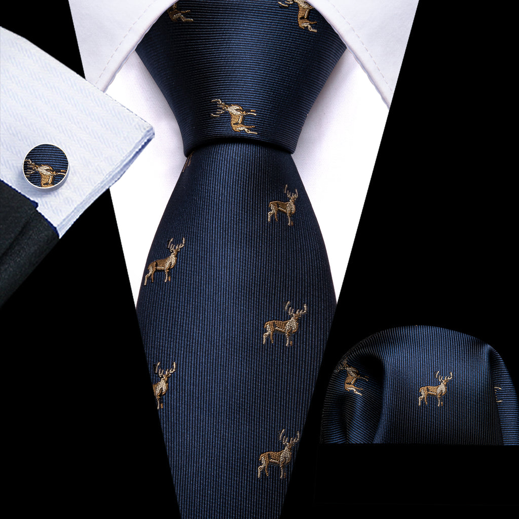 Deep Blue Deer Floral Silk Tie, Pocket Square and Cufflinks Set tie sets - Sophisticated Gentlemen