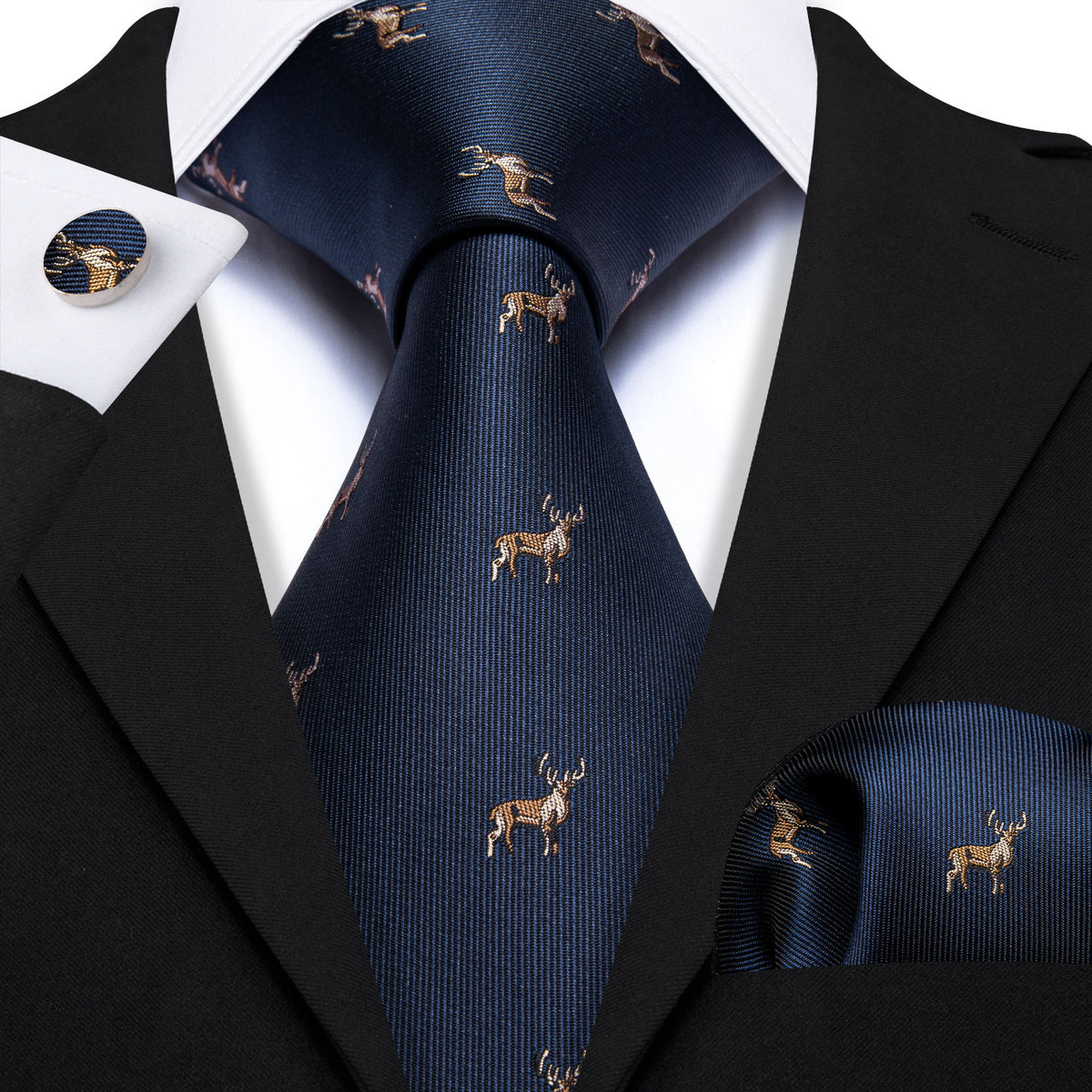 Deep Blue Deer Floral Silk Tie, Pocket Square and Cufflinks Set tie sets - Sophisticated Gentlemen