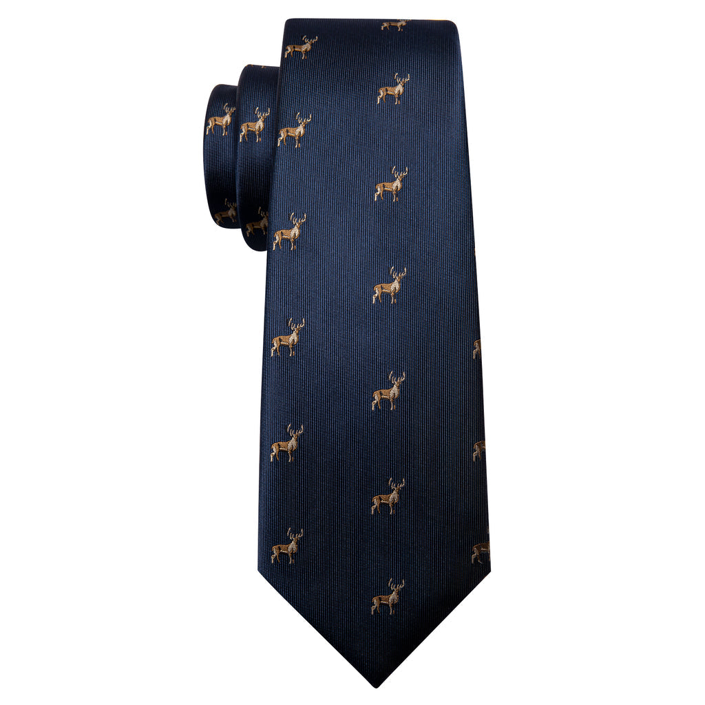 Deep Blue Deer Floral Silk Tie, Pocket Square and Cufflinks Set tie sets - Sophisticated Gentlemen