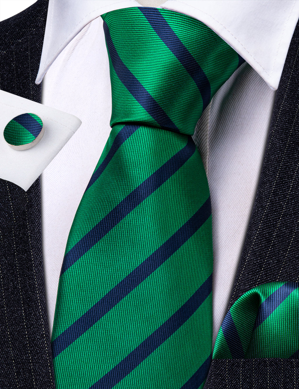 Forest Green Blue Striped Silk Tie, Pocket Square and Cufflinks Set tie sets - Sophisticated Gentlemen